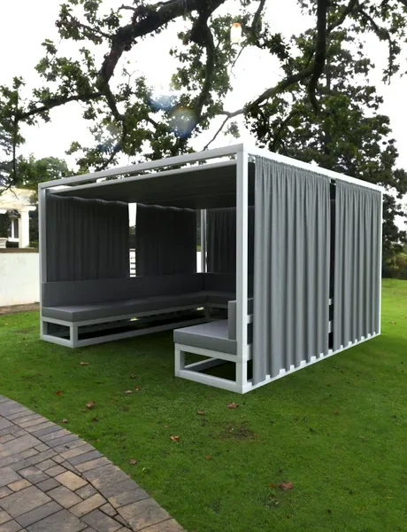 Pavillon-Set Madagaskar aus grauem Aluminium mit Sessel, Dach und Vorhängen, 3,5 x 3,5 m